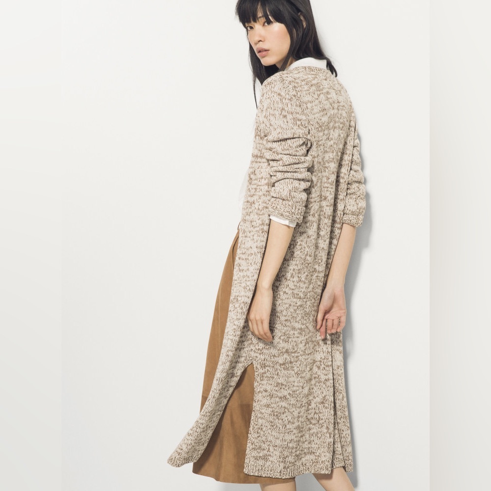 Massimo Dutti Brown and White Knit Open Front Cardigan Sweater
